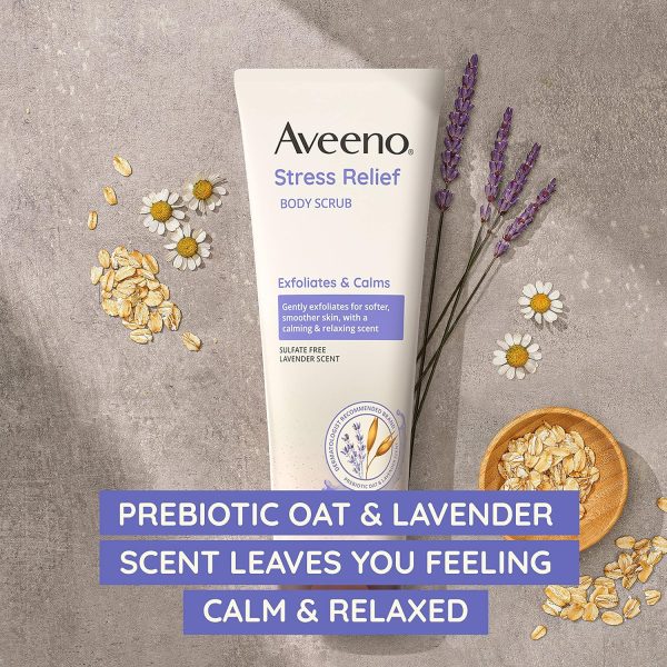Aveeno Stress Relief Body Scrub, Exfoliating Body Wash for Softer, Smoother Skin, Formulated with Prebiotic Oat & Lavender Scent to Calm & Relax, Sulfate-Free & Soap-Free, 8 fl. Oz - Image 2