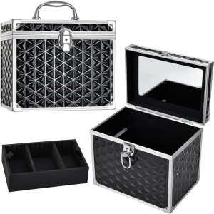 Costravio Makeup Train Case Travel Organizer Case Professional Cosmetic Storage Box with Divider Tray Mirror Portable Cosmetology Sewing Box for Makeup Artist Nail Tech Kits Crafters Train Case Black