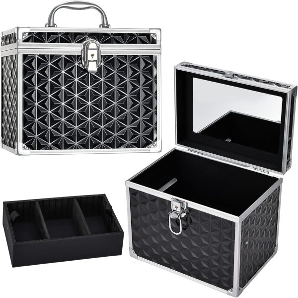 Costravio Makeup Train Case Travel Organizer Case Professional Cosmetic Storage Box with Divider Tray Mirror Portable Cosmetology Sewing Box for Makeup Artist Nail Tech Kits Crafters Train Case Black