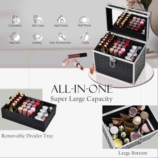 Costravio Makeup Train Case Travel Organizer Case Professional Cosmetic Storage Box with Divider Tray Mirror Portable Cosmetology Sewing Box for Makeup Artist Nail Tech Kits Crafters Train Case Black - Image 2