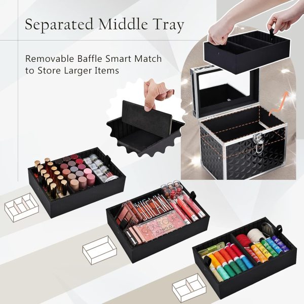 Costravio Makeup Train Case Travel Organizer Case Professional Cosmetic Storage Box with Divider Tray Mirror Portable Cosmetology Sewing Box for Makeup Artist Nail Tech Kits Crafters Train Case Black - Image 4