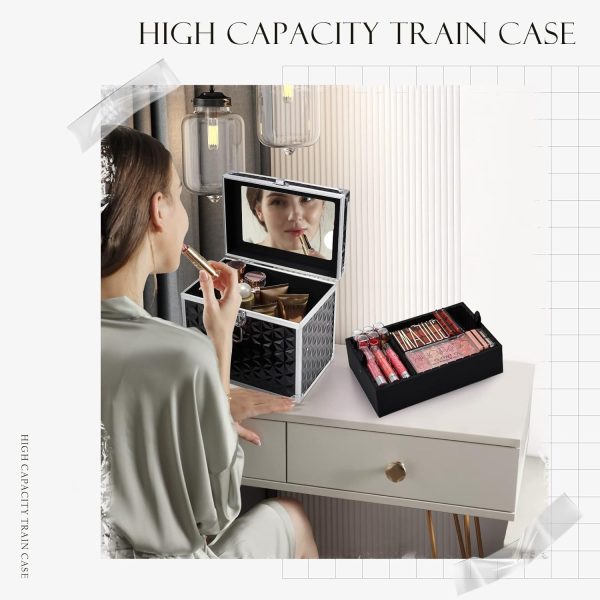 Costravio Makeup Train Case Travel Organizer Case Professional Cosmetic Storage Box with Divider Tray Mirror Portable Cosmetology Sewing Box for Makeup Artist Nail Tech Kits Crafters Train Case Black - Image 5