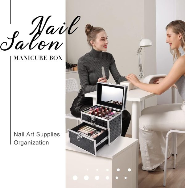 Costravio Nail Supplies Organizer Box Nail Polish Storage Case for Nail Tech or Home Use With Drawer and Slots Travel Makeup Train Case Portable Lockable - Jet Black - Image 2