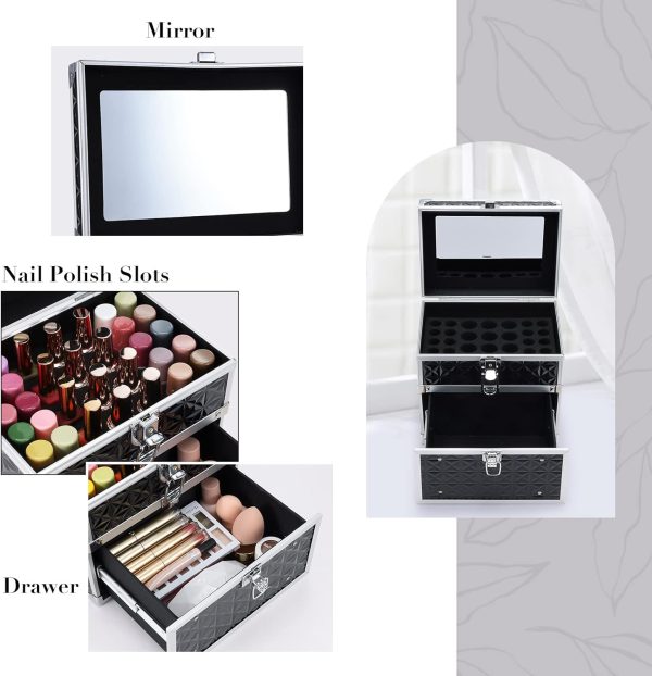 Costravio Nail Supplies Organizer Box Nail Polish Storage Case for Nail Tech or Home Use With Drawer and Slots Travel Makeup Train Case Portable Lockable - Jet Black - Image 3