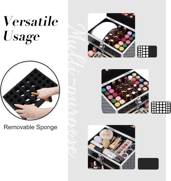 Costravio Nail Supplies Organizer Box Nail Polish Storage Case for Nail Tech or Home Use With Drawer and Slots Travel Makeup Train Case Portable Lockable - Jet Black - Image 4