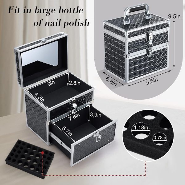 Costravio Nail Supplies Organizer Box Nail Polish Storage Case for Nail Tech or Home Use With Drawer and Slots Travel Makeup Train Case Portable Lockable - Jet Black - Image 6