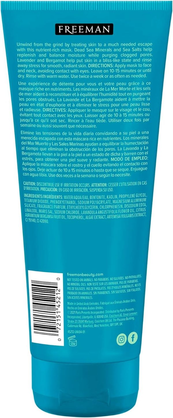 Freeman Dead Sea Minerals Anti-Stress Clay Facial Mask, Hydrating & Clarifying, Clears Pores, Face Mask With Lavender & Bergamot For Radiant Skin, For All Skin Types, 6 fl. oz./175 mL Tube, 1 Count - Image 7