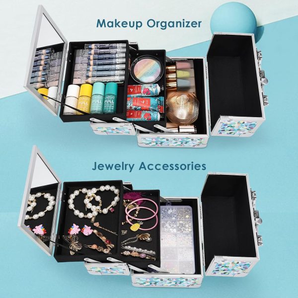 FRENESSA Makeup Train Case Cosmetic Case Organizer Portable Makeup Box 2 Trays with Mirror Makeup Organizer Case for Girls Makeup Supplies, Nail Kits, Crafts Sewing Travel Makeup Case Mosaic Puzzle - Image 2