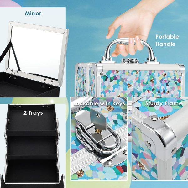 FRENESSA Makeup Train Case Cosmetic Case Organizer Portable Makeup Box 2 Trays with Mirror Makeup Organizer Case for Girls Makeup Supplies, Nail Kits, Crafts Sewing Travel Makeup Case Mosaic Puzzle - Image 5