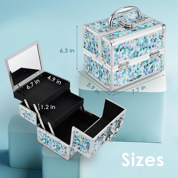 FRENESSA Makeup Train Case Cosmetic Case Organizer Portable Makeup Box 2 Trays with Mirror Makeup Organizer Case for Girls Makeup Supplies, Nail Kits, Crafts Sewing Travel Makeup Case Mosaic Puzzle - Image 6