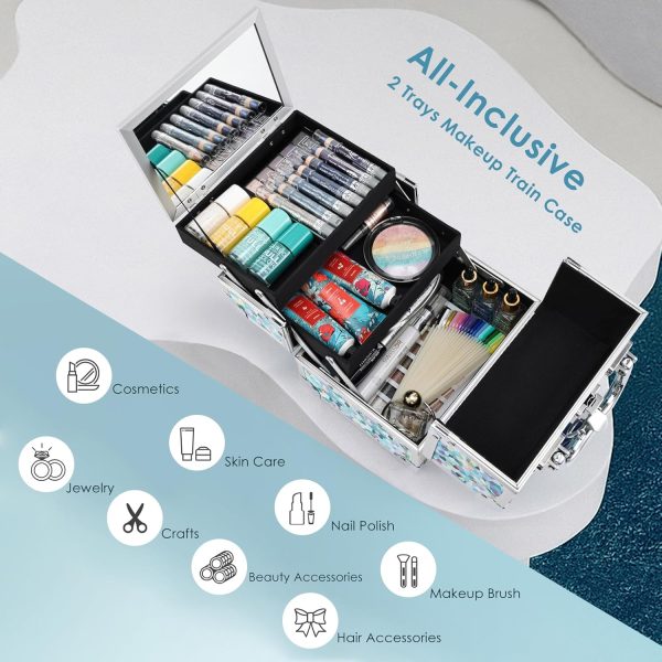 FRENESSA Makeup Train Case Cosmetic Case Organizer Portable Makeup Box 2 Trays with Mirror Makeup Organizer Case for Girls Makeup Supplies, Nail Kits, Crafts Sewing Travel Makeup Case Mosaic Puzzle - Image 7