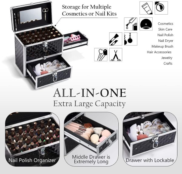 Frenessa Nail Polish Makeup Train Case with Drawer and Dividers Manicure Organizer Accessory Storage Makeup Box With Mirror Lockable Keys Nail Kit Organizer Cosmetic Case Jewelry Box - Black - Image 2