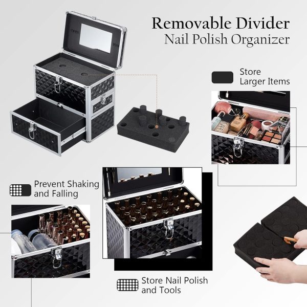 Frenessa Nail Polish Makeup Train Case with Drawer and Dividers Manicure Organizer Accessory Storage Makeup Box With Mirror Lockable Keys Nail Kit Organizer Cosmetic Case Jewelry Box - Black - Image 3