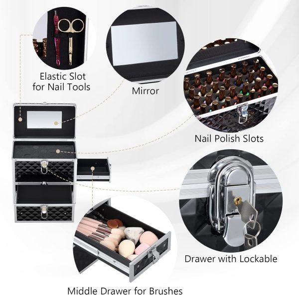 Frenessa Nail Polish Makeup Train Case with Drawer and Dividers Manicure Organizer Accessory Storage Makeup Box With Mirror Lockable Keys Nail Kit Organizer Cosmetic Case Jewelry Box - Black - Image 5