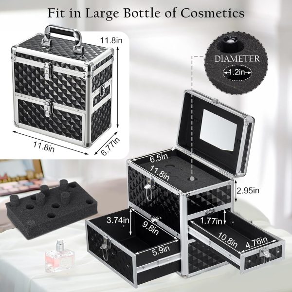 Frenessa Nail Polish Makeup Train Case with Drawer and Dividers Manicure Organizer Accessory Storage Makeup Box With Mirror Lockable Keys Nail Kit Organizer Cosmetic Case Jewelry Box - Black - Image 6