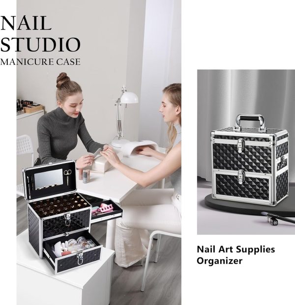 Frenessa Nail Polish Makeup Train Case with Drawer and Dividers Manicure Organizer Accessory Storage Makeup Box With Mirror Lockable Keys Nail Kit Organizer Cosmetic Case Jewelry Box - Black - Image 7