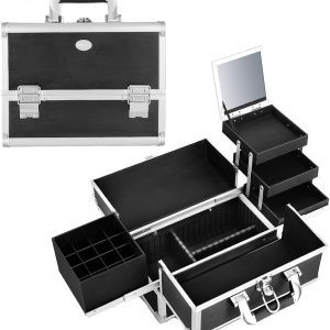 Joligrace Makeup Train Case Organizer Box Professional Multi-Purpose Cosmetic Storage with Sliding Trays, Polish Slots & Mirror, Portable Lockable with Keys, Large Black