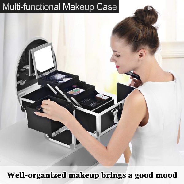 Joligrace Makeup Train Case Organizer Box Professional Multi-Purpose Cosmetic Storage with Sliding Trays, Polish Slots & Mirror, Portable Lockable with Keys, Large Black - Image 2