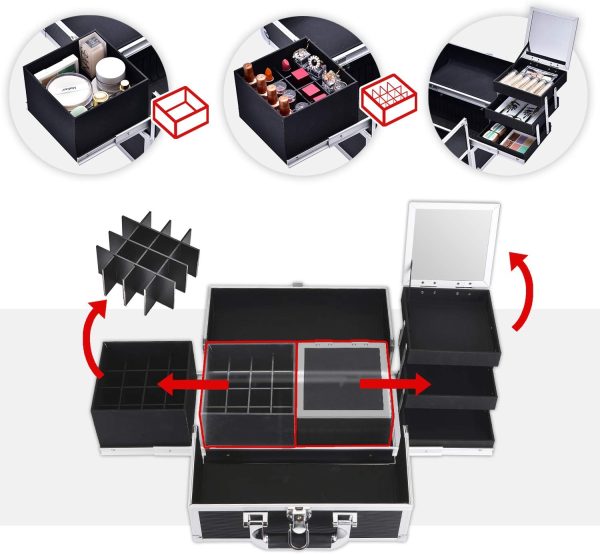 Joligrace Makeup Train Case Organizer Box Professional Multi-Purpose Cosmetic Storage with Sliding Trays, Polish Slots & Mirror, Portable Lockable with Keys, Large Black - Image 3