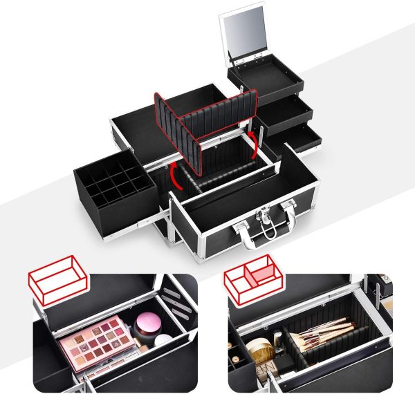 Joligrace Makeup Train Case Organizer Box Professional Multi-Purpose Cosmetic Storage with Sliding Trays, Polish Slots & Mirror, Portable Lockable with Keys, Large Black - Image 4