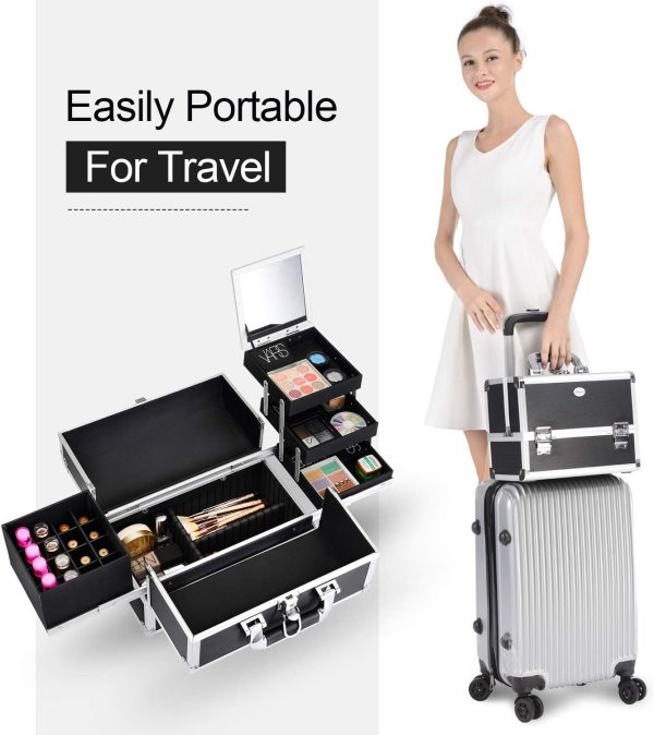 Joligrace Makeup Train Case Organizer Box Professional Multi-Purpose Cosmetic Storage with Sliding Trays, Polish Slots & Mirror, Portable Lockable with Keys, Large Black - Image 6