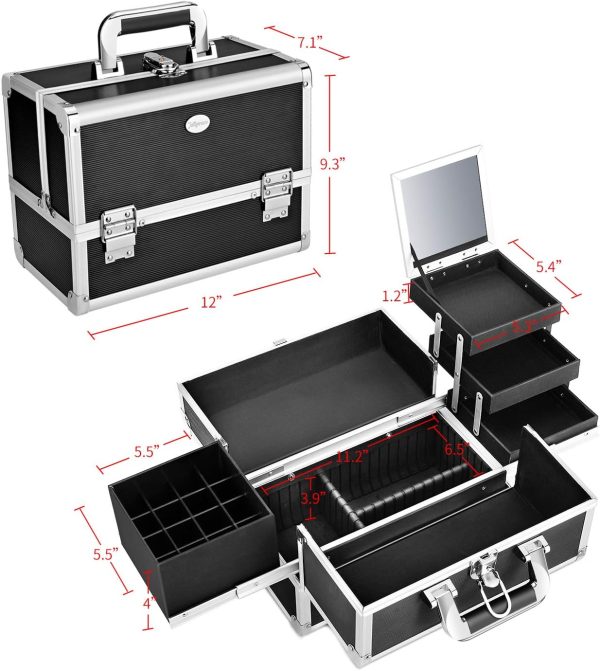 Joligrace Makeup Train Case Organizer Box Professional Multi-Purpose Cosmetic Storage with Sliding Trays, Polish Slots & Mirror, Portable Lockable with Keys, Large Black - Image 7