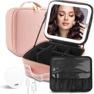 Makeup Train Case with Light & Mirror Large Cosmetic Organizer with Double-Sided 1X/10X Magnifying Foldable Makeup Mirror & Pink Jewelry Box, Suitsmall