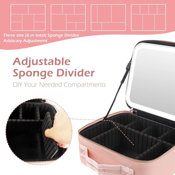 Makeup Train Case with Light & Mirror Large Cosmetic Organizer with Double-Sided 1X/10X Magnifying Foldable Makeup Mirror & Pink Jewelry Box, Suitsmall - Image 3