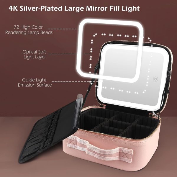 Makeup Train Case with Light & Mirror Large Cosmetic Organizer with Double-Sided 1X/10X Magnifying Foldable Makeup Mirror & Pink Jewelry Box, Suitsmall - Image 4