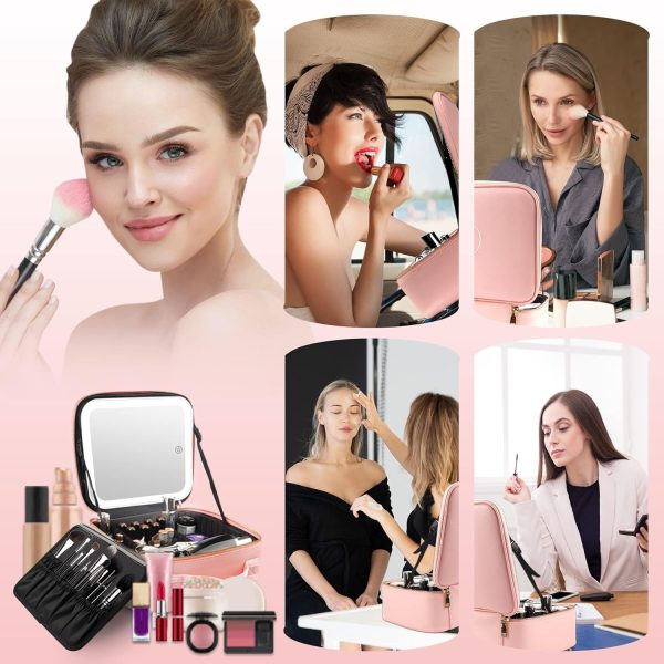 Makeup Train Case with Light & Mirror Large Cosmetic Organizer with Double-Sided 1X/10X Magnifying Foldable Makeup Mirror & Pink Jewelry Box, Suitsmall - Image 6