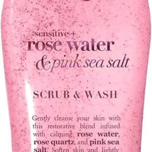 OGX Sensitive + Pink Sea Salt & Rosewater Sulfate-Free Soothing Body Scrub with Healing Rose Quartz, Gentle Exfoliating Daily Body Wash to Soften & Smooth Skin, 19.5 Fl Oz